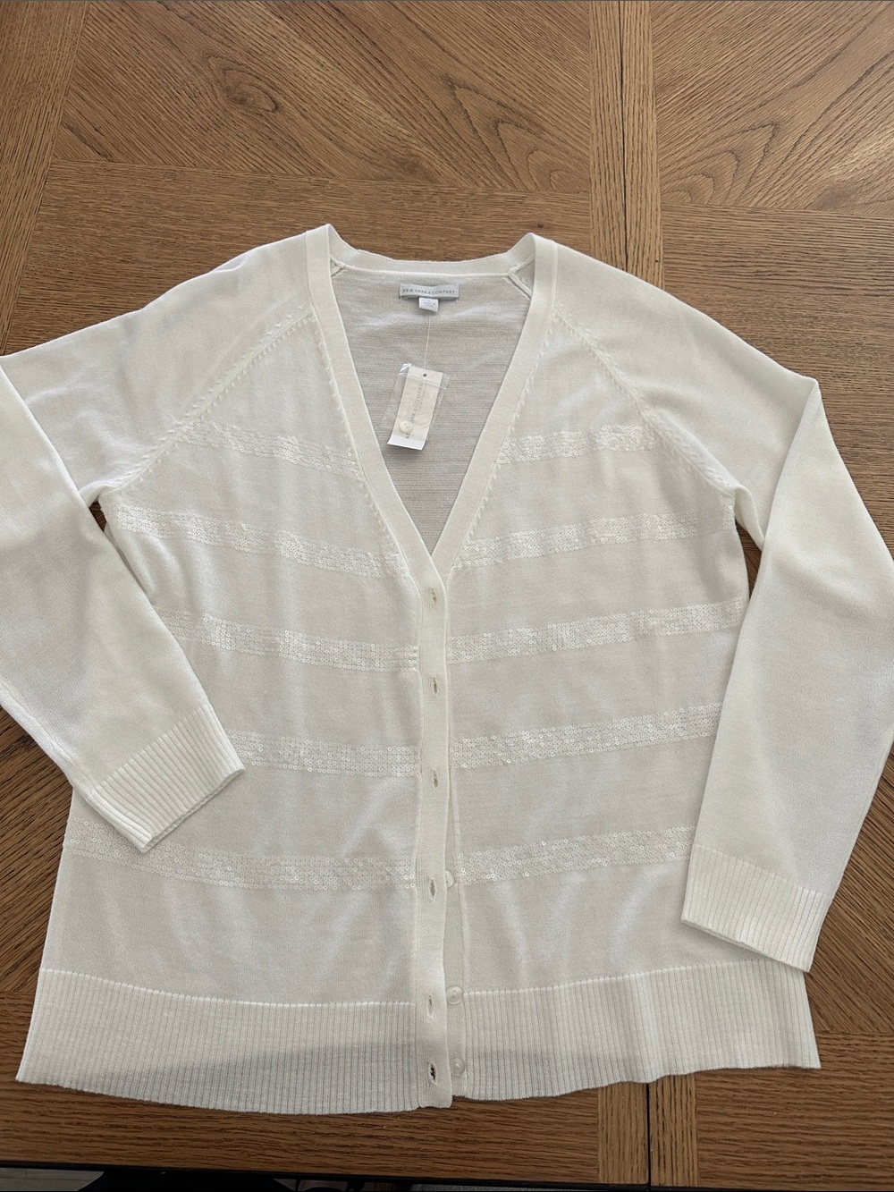 New York & Company Cream V-Neck Button Cardigan